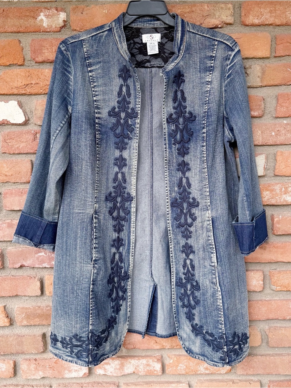 Long Embroidered Boho Denim Jacket Hip-Length Hook-and-Eye Closure Size XL - Picture 5 of 11